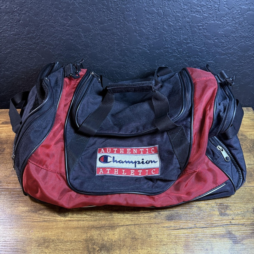 Champion Authentic Athletic Red Black Nylon Canvas Duffel Bag Mens Womens Large